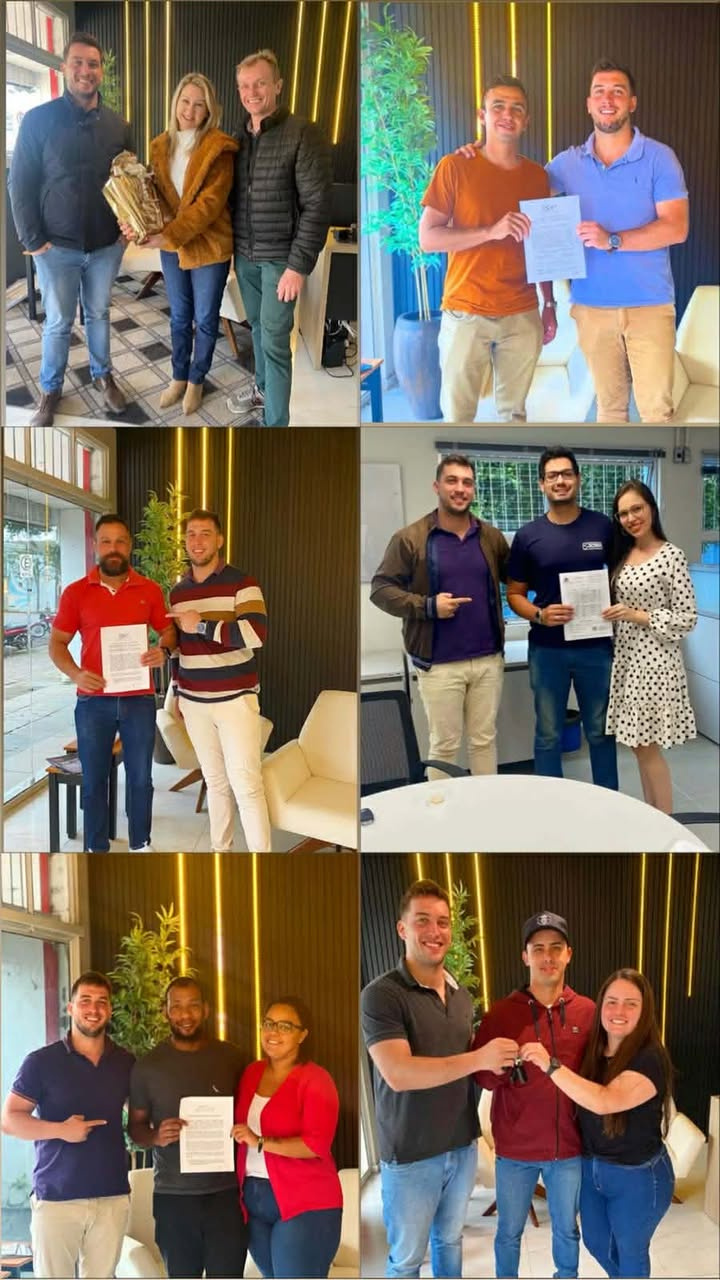 Terceiro conjunto de seis fotos de Richard com clientes em registros de vendas de imóveis